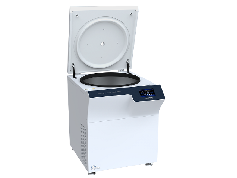 Laboratory centrifuge with open door on a white background
