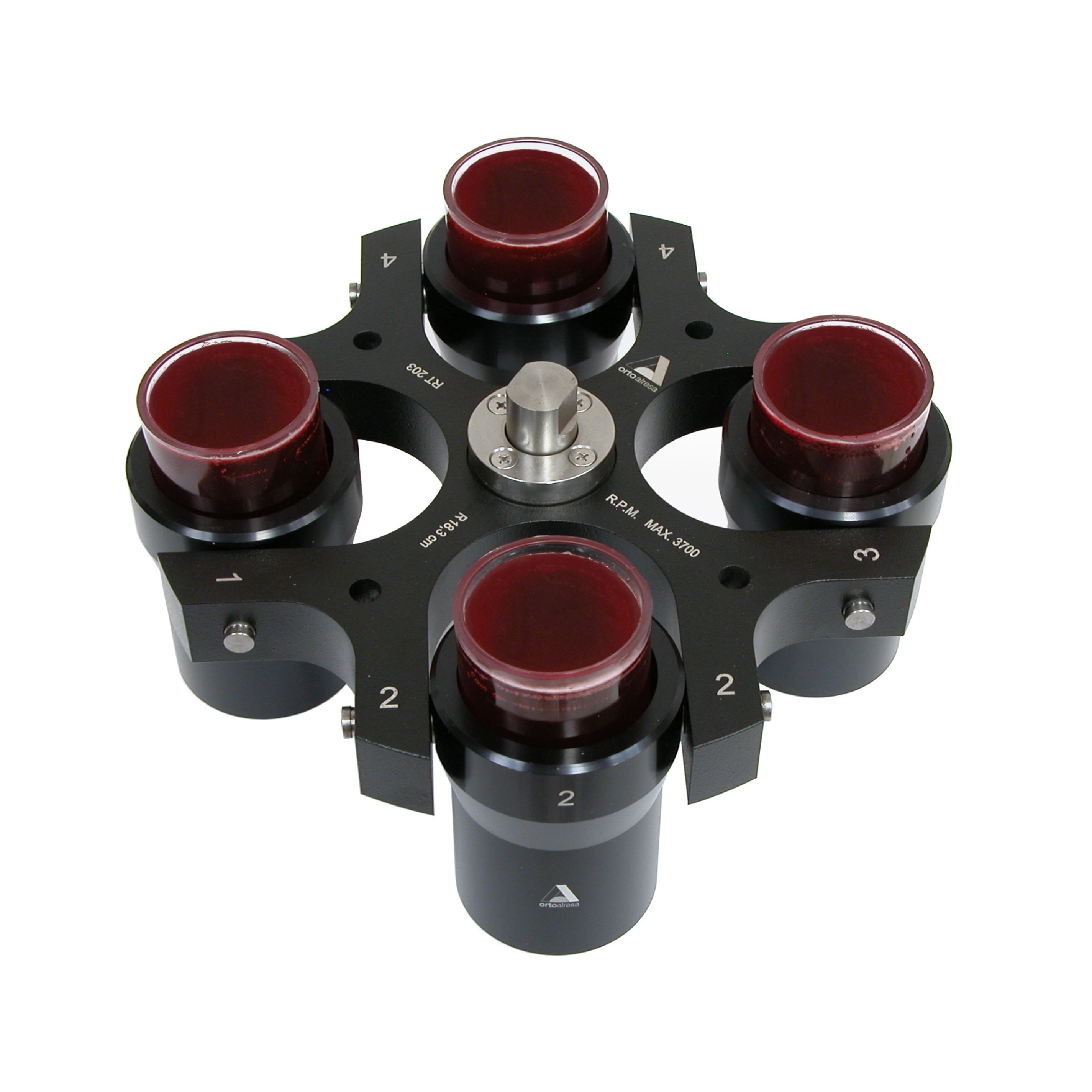 Black mechanical device with red components on a white background