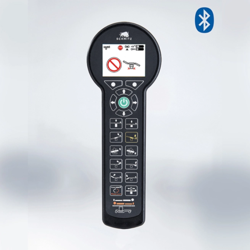 Black handheld device with display and buttons on a light gray background