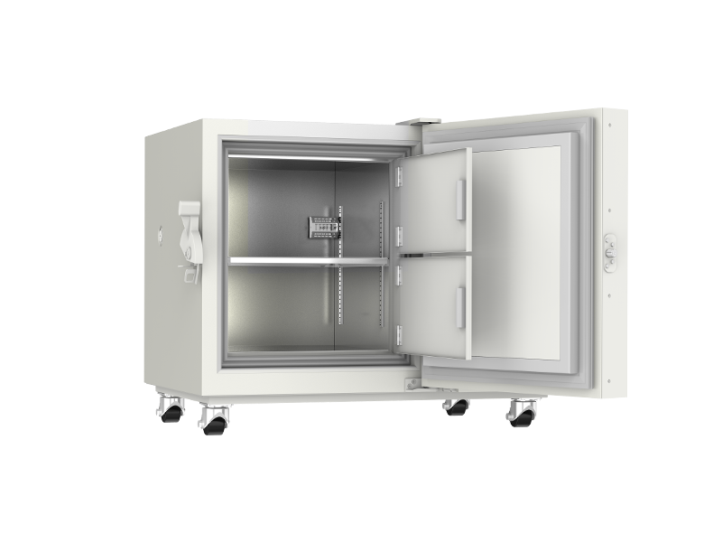 White storage cabinet with open doors on a white background