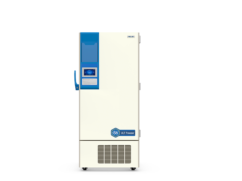 Cold storage freezer with digital display on a white background