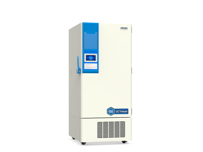 White freezer with blue accents on a white background