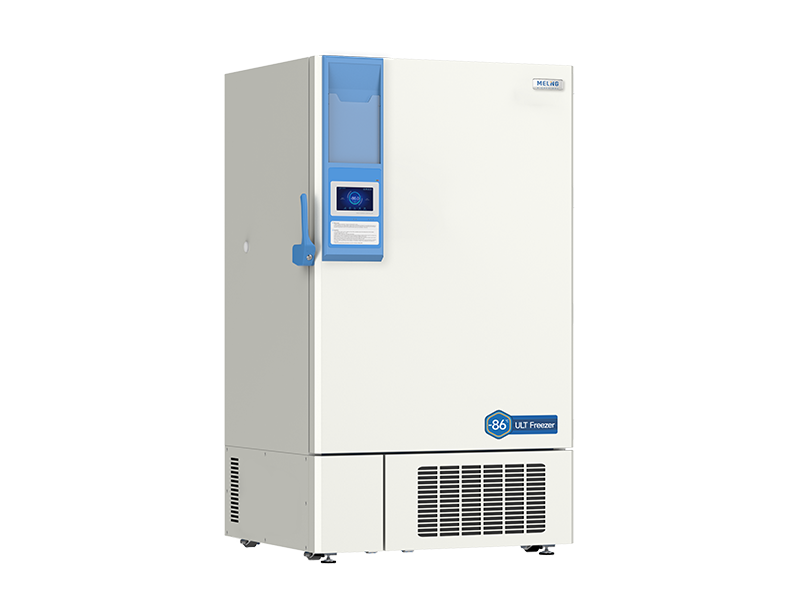 White laboratory freezer with blue accents on a white background