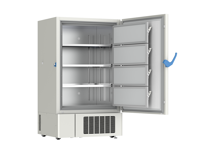 Commercial refrigerator with open doors on a white background