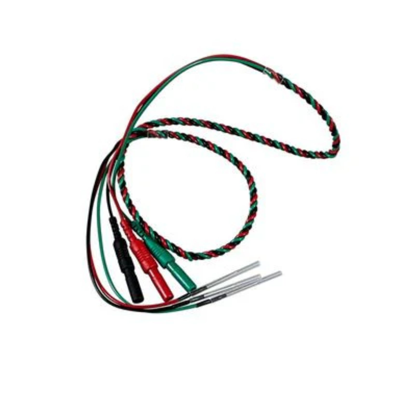 FHM Ready twisted 1-channel needle electrodes, pack of 3. Each electrode features a fine twisted wire with a single needle tip and coloured connector caps, designed for precise EMG or neurophysiological monitoring.