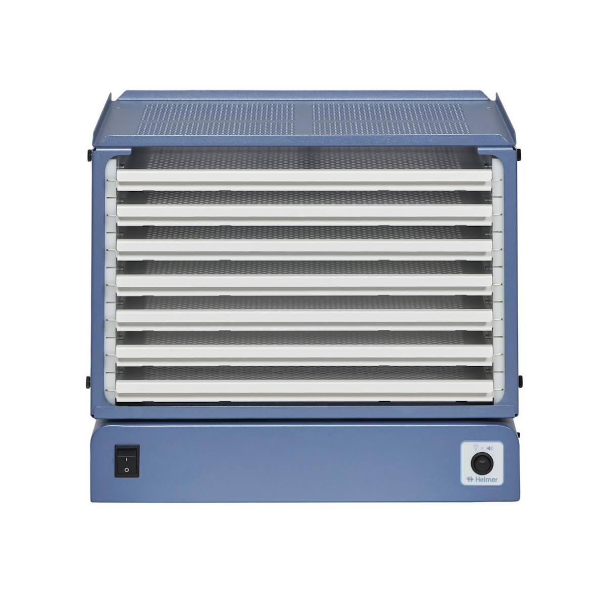 Blue food dehydrator with multiple shelves on a white background. PF48 Pro Line platelet agitator, Helmer Scientific unit with multiple shelves for high-capacity platelet storage and gentle agitation.