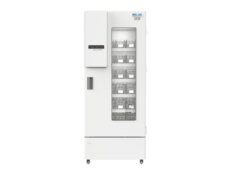 White industrial refrigerator with glass door on a white background
