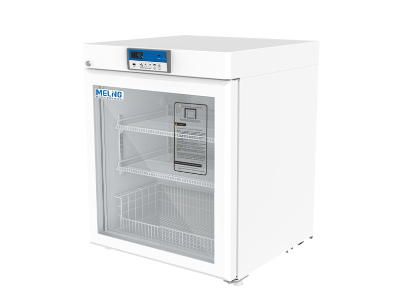 White laboratory refrigerator with digital display on a white background