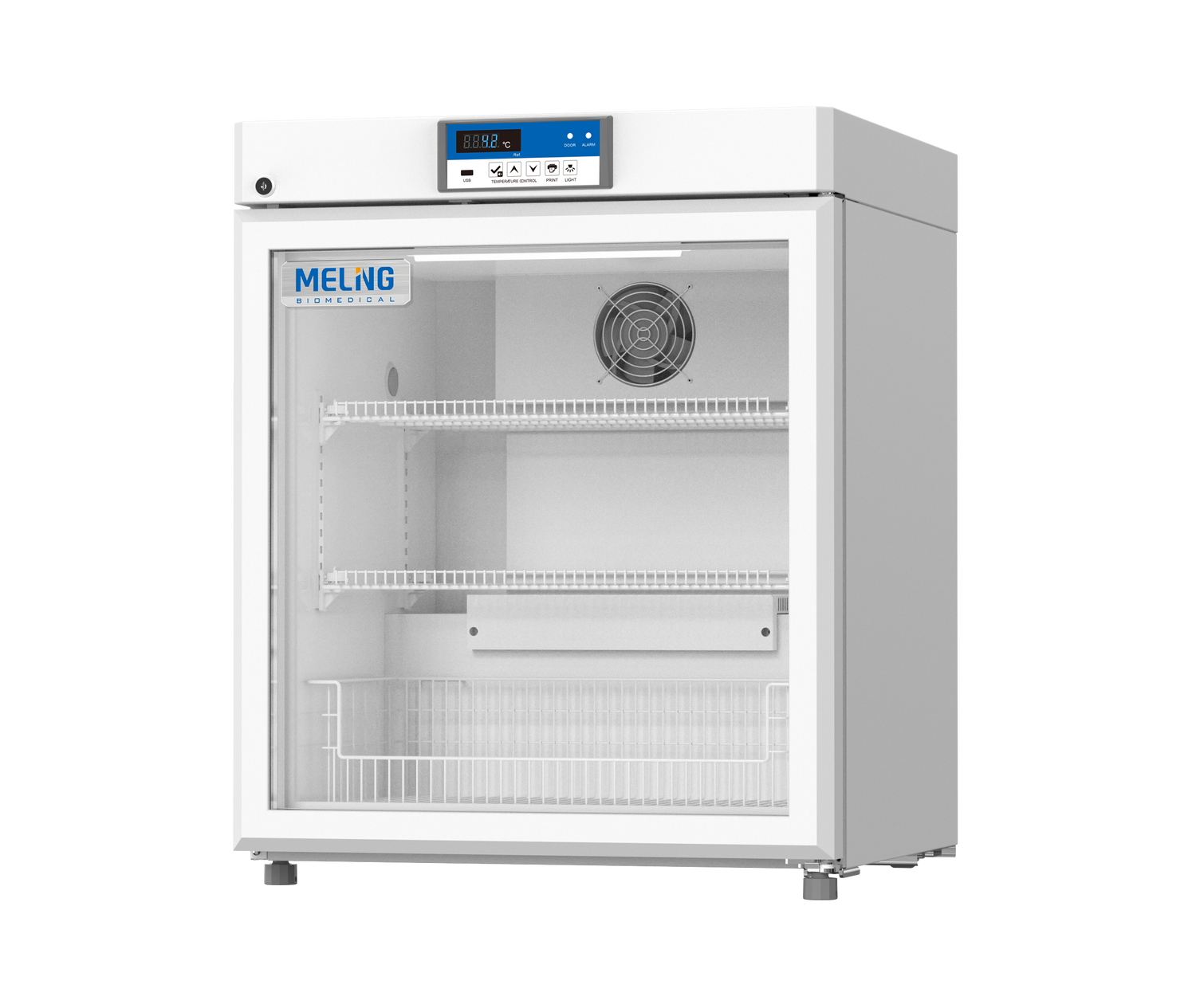 Meling 130L fridge with a glass door against a white background