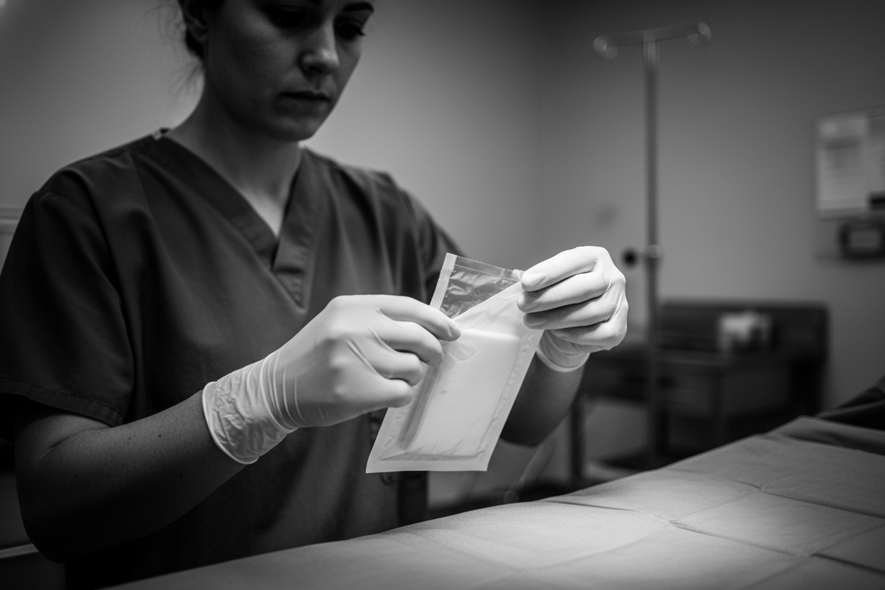 Nurse working with packet