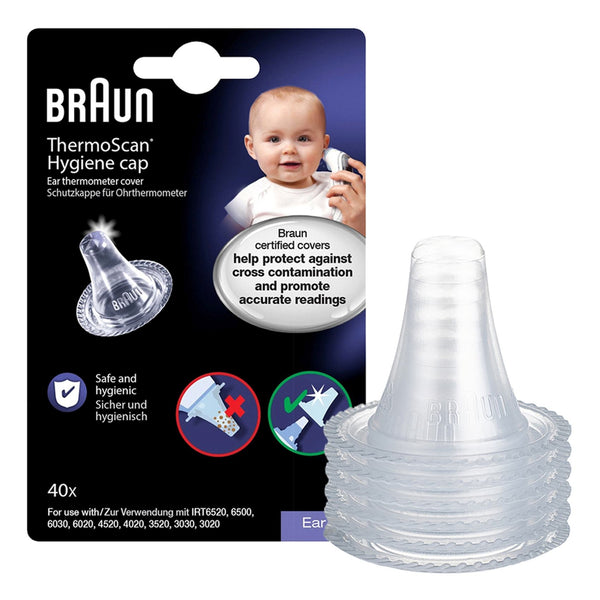Braun ThermoScan Hygiene cap packaging with a baby illustration and product display.