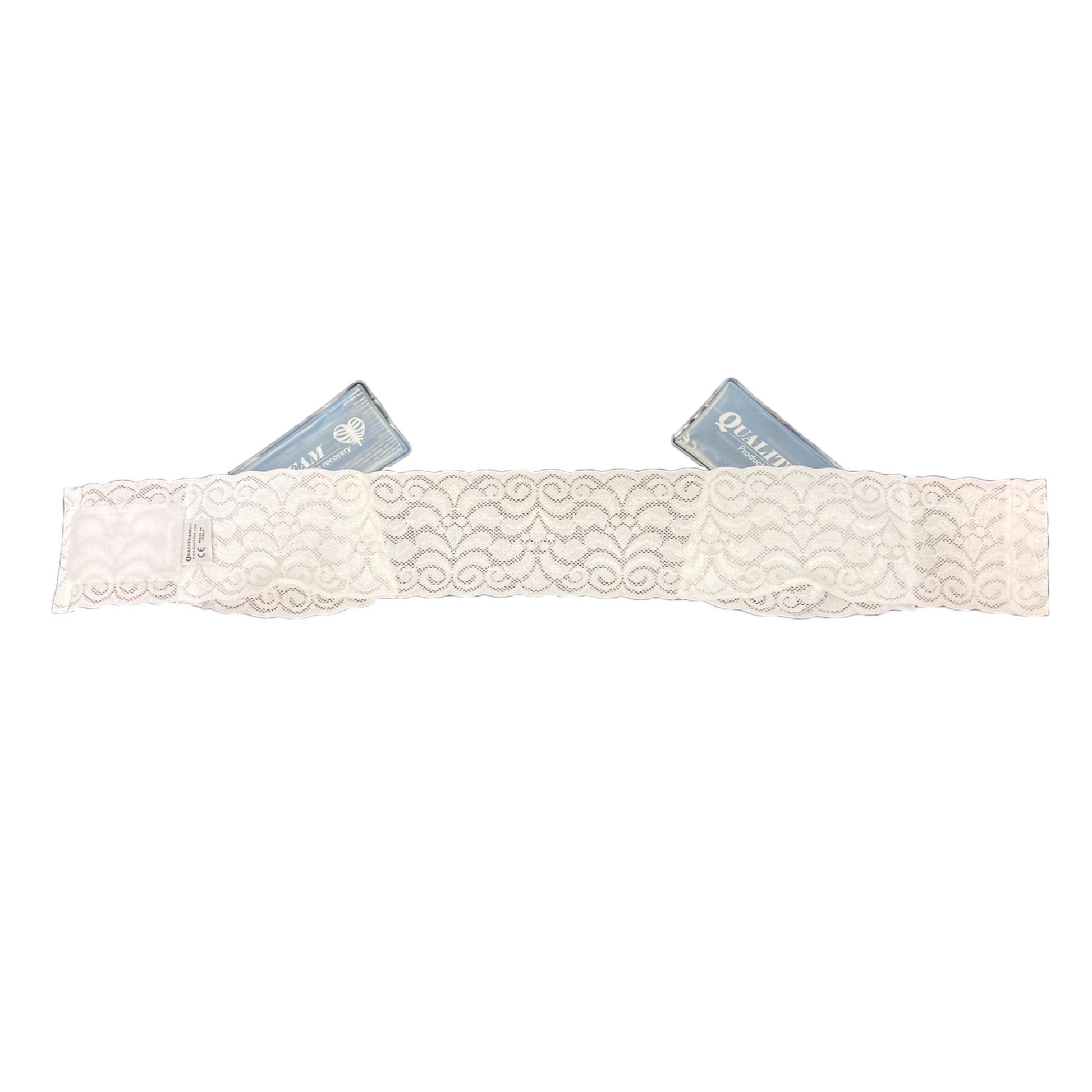 White lace garter on a white background with 'WED' tags.