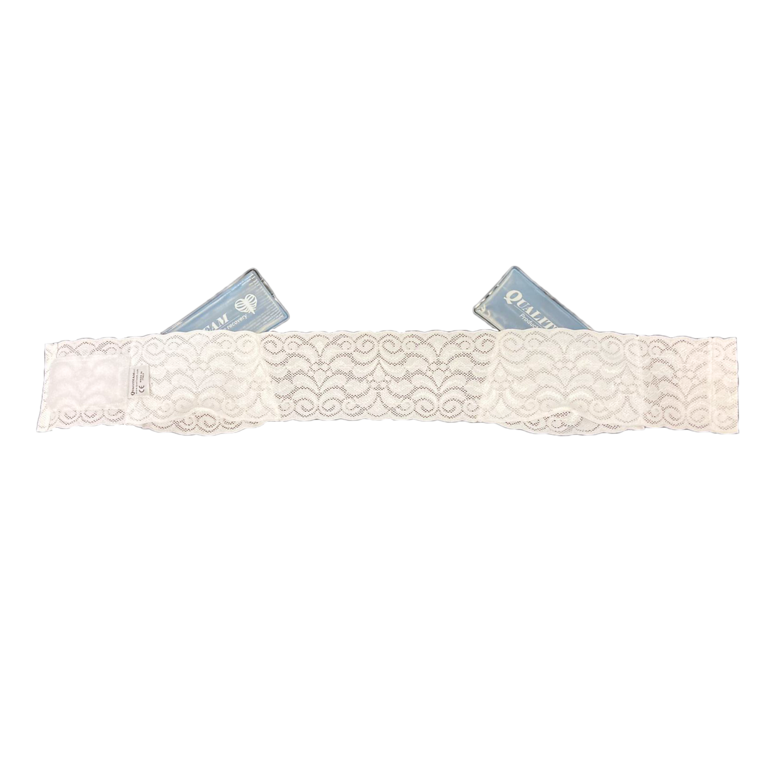 White lace garter on a white background with 'WED' tags.