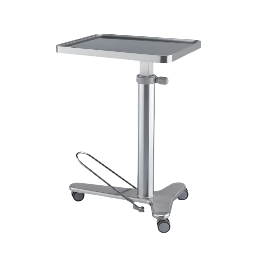 Stainless steel medical trolley on a light gray background
