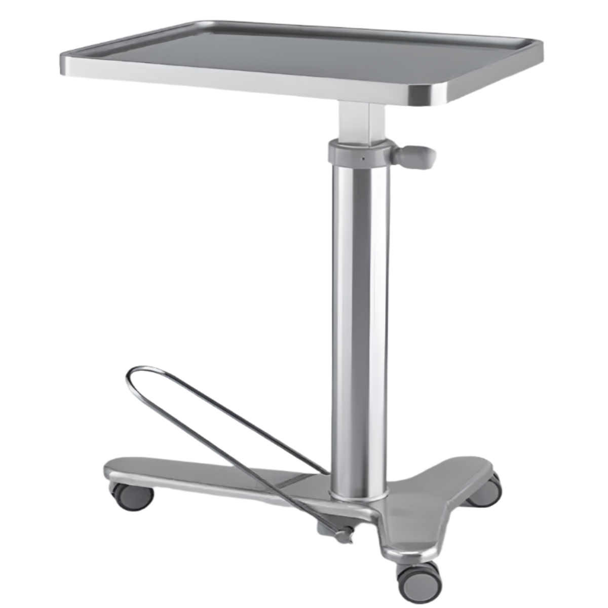 Stainless steel medical trolley with a adjustable tray on a light gray background