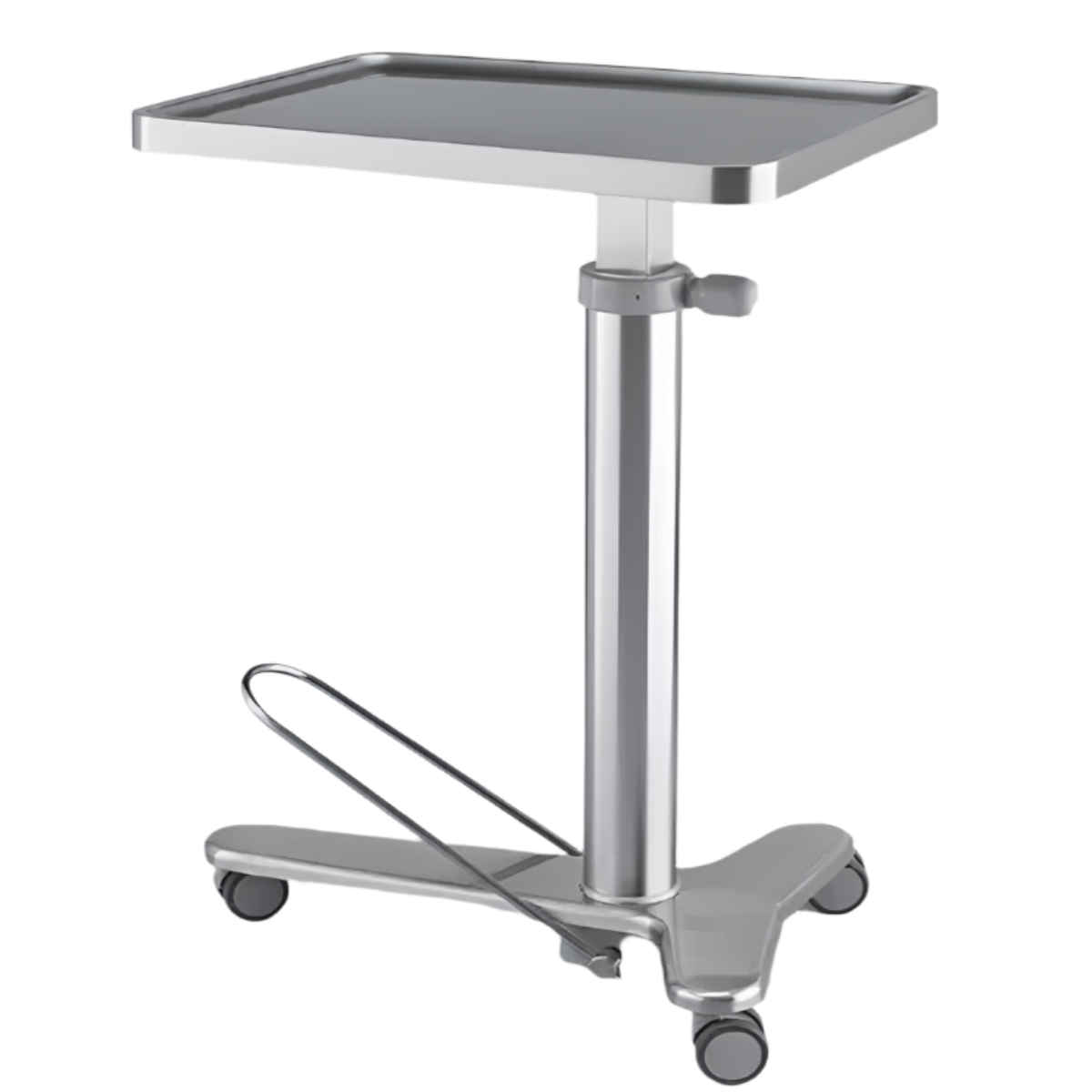 Stainless steel medical trolley on a gray background