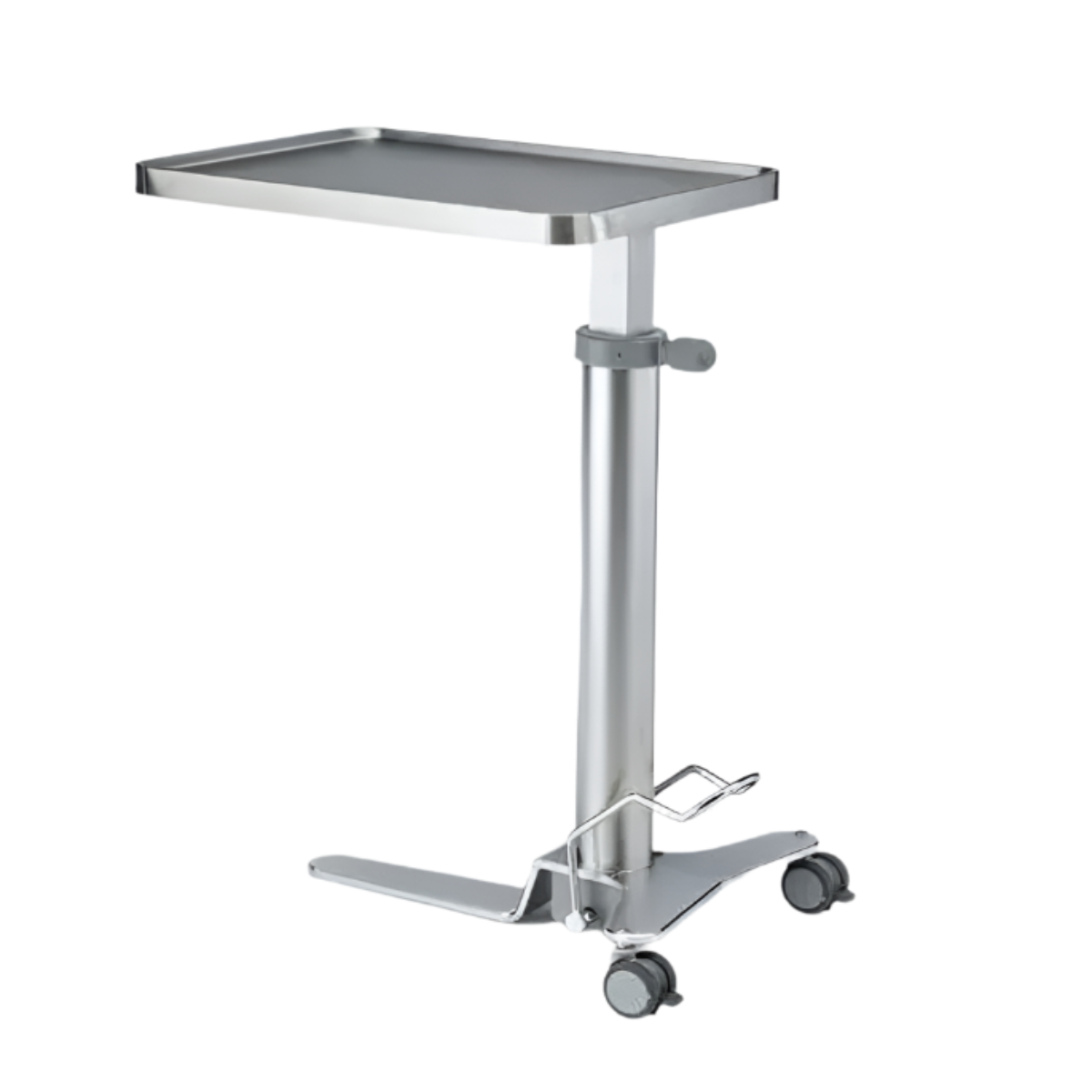 Stainless steel medical tray table on wheels with a white background