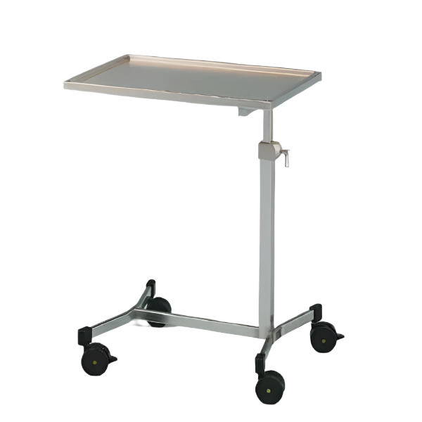 Stainless steel medical tray table on wheels with a gray background
