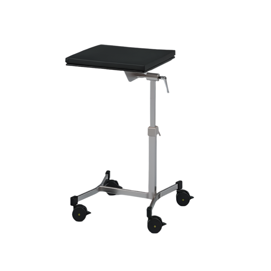 Medical examination table on wheels with a black top, on a light gray background