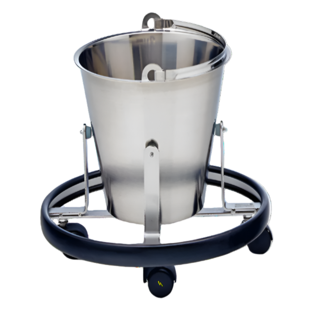 Stainless steel hopper with wheels on a white background