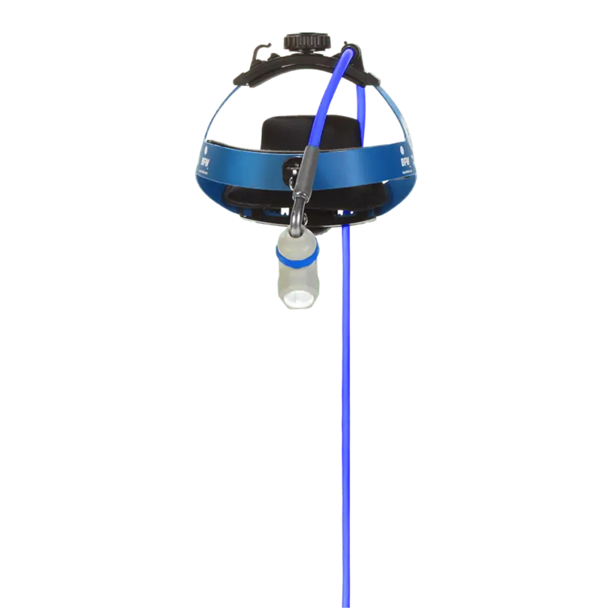 Blue and black surgical head lamp helmet with a chin strap and light on a white background