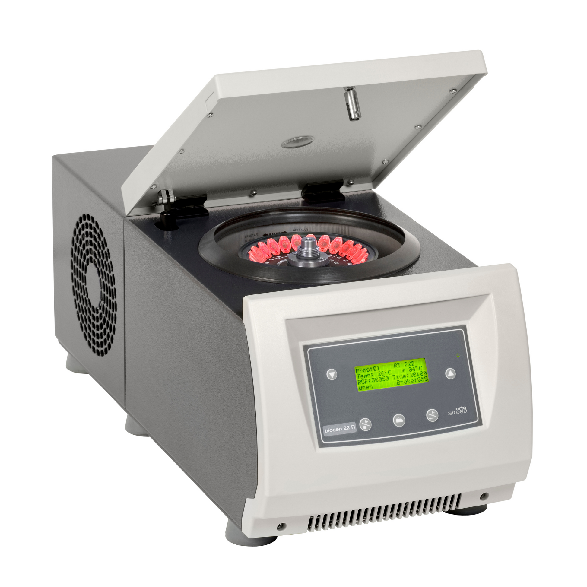 Laboratory centrifuge with open lid showing rotor on a white background