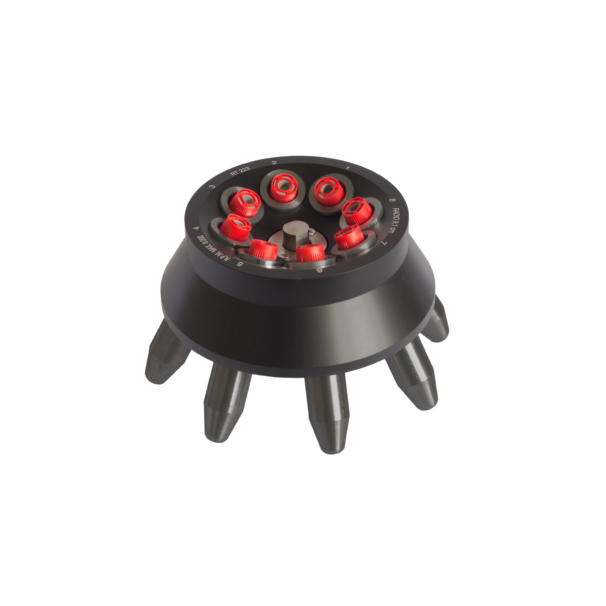 Black and red laboratory rotor on a white background