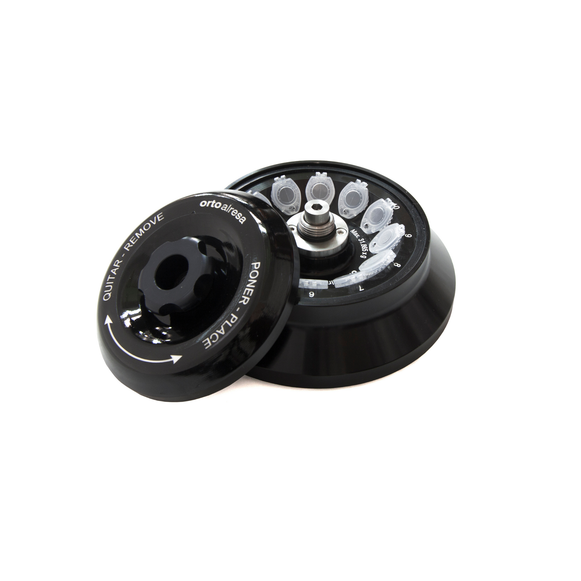 Black mechanical component with text on a white background