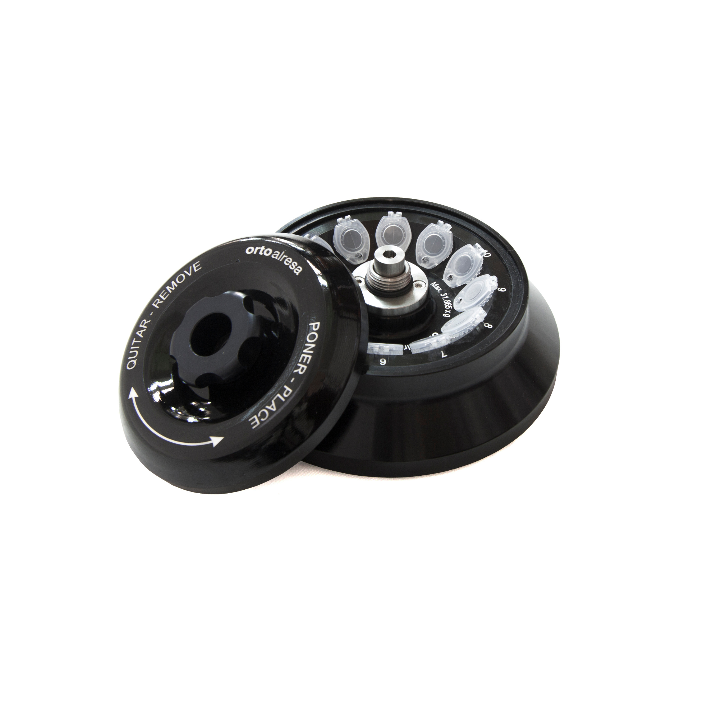 Black mechanical component with text on a white background