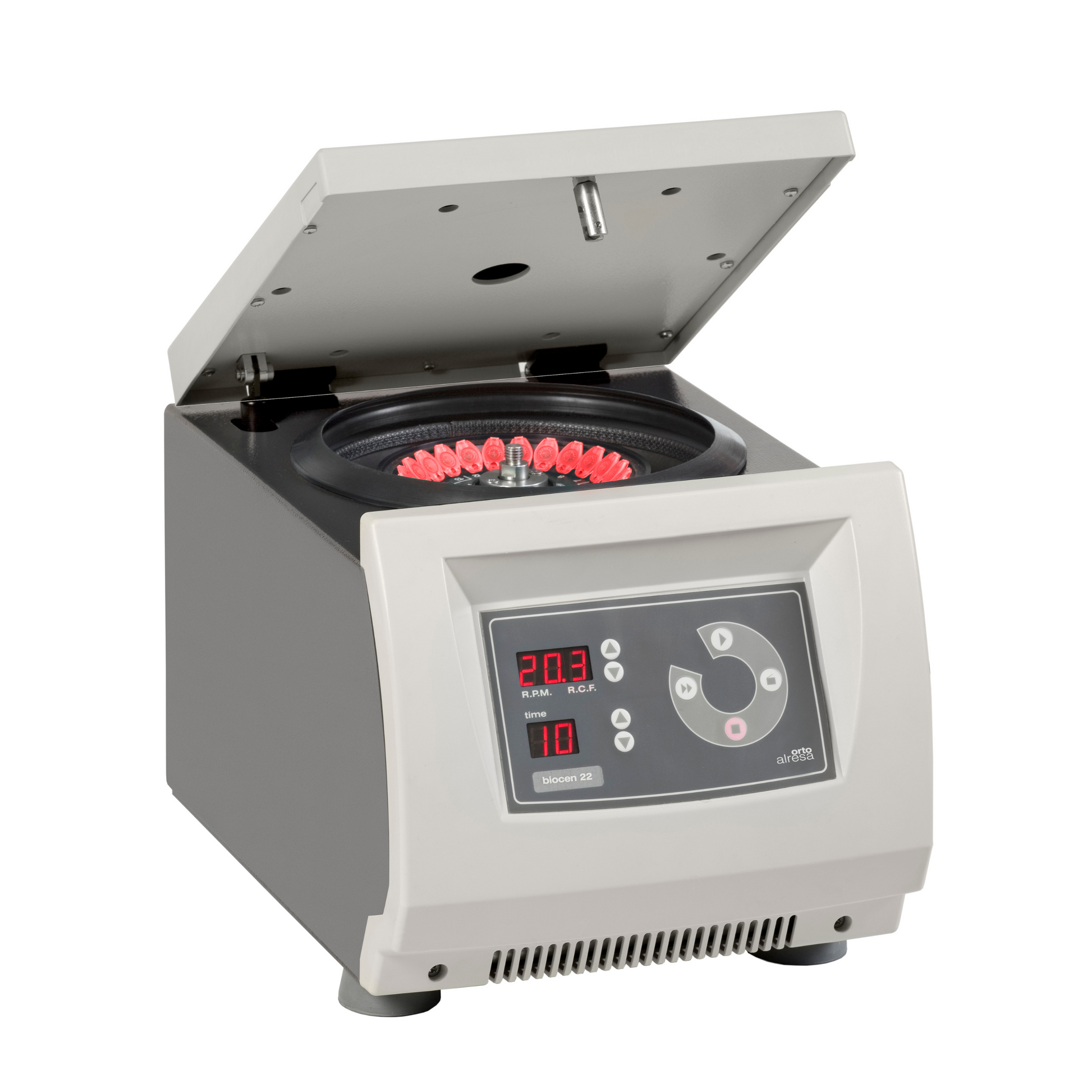 Laboratory centrifuge with open lid showing test tubes and digital control panel on a white background