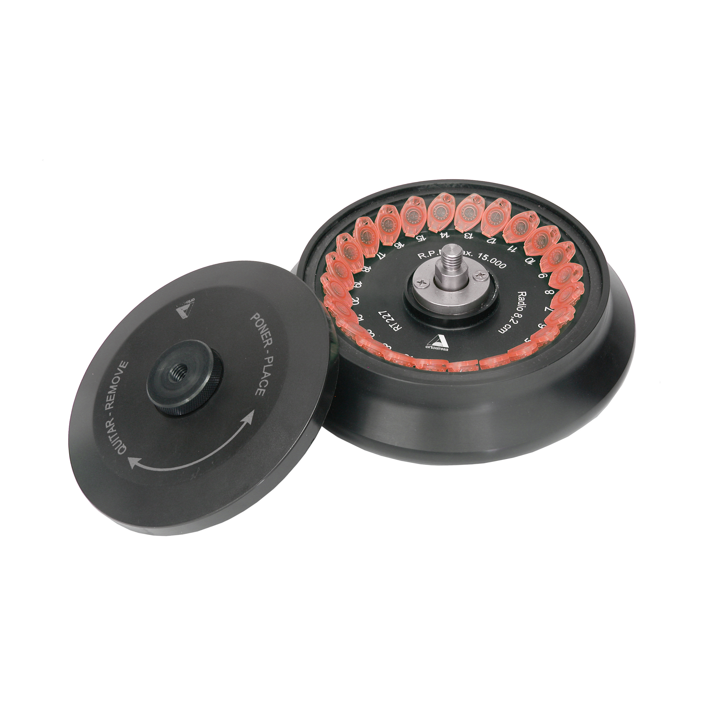 Two black laboratory centrifuge tubes with red liquid on a white background