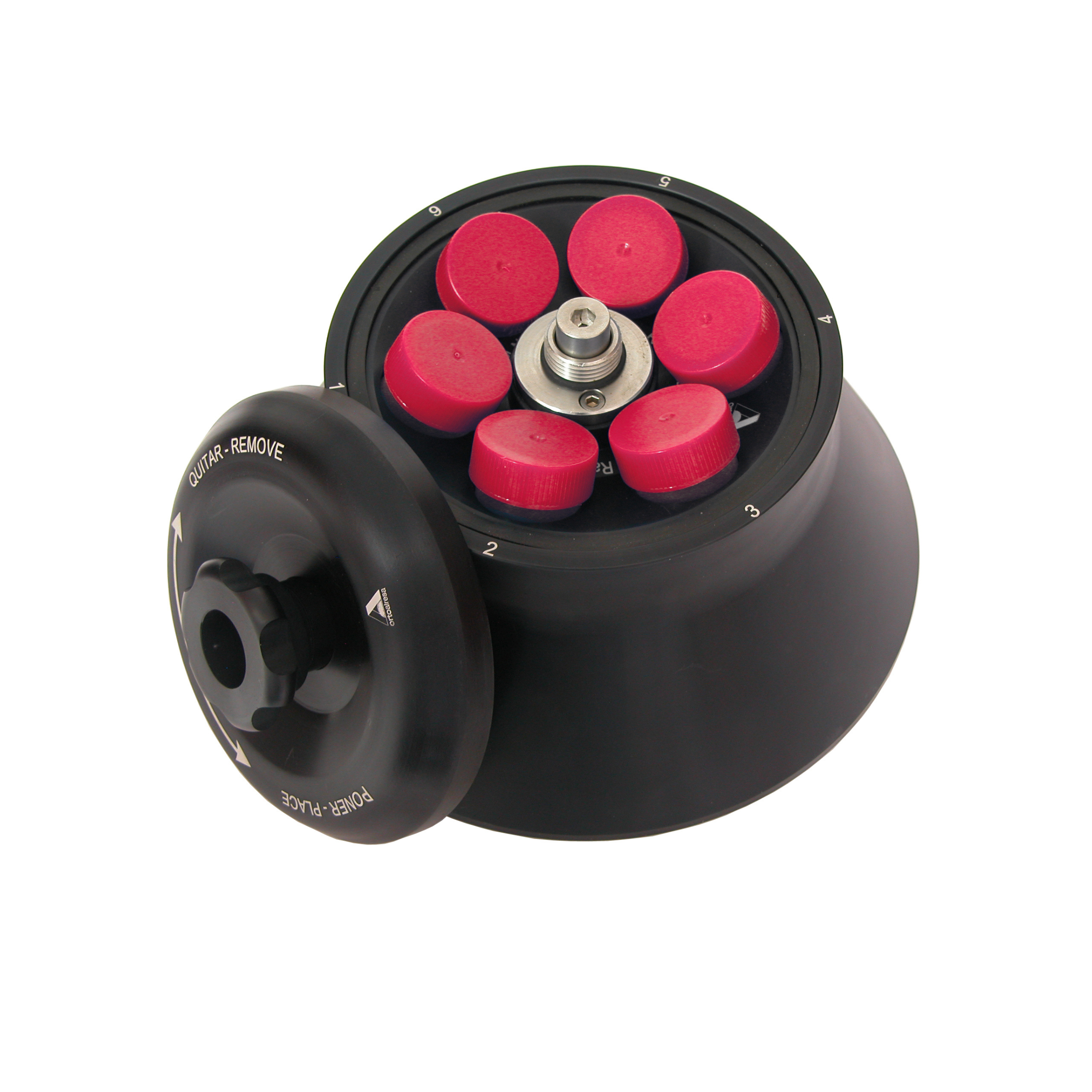Black device with pink components on a white background