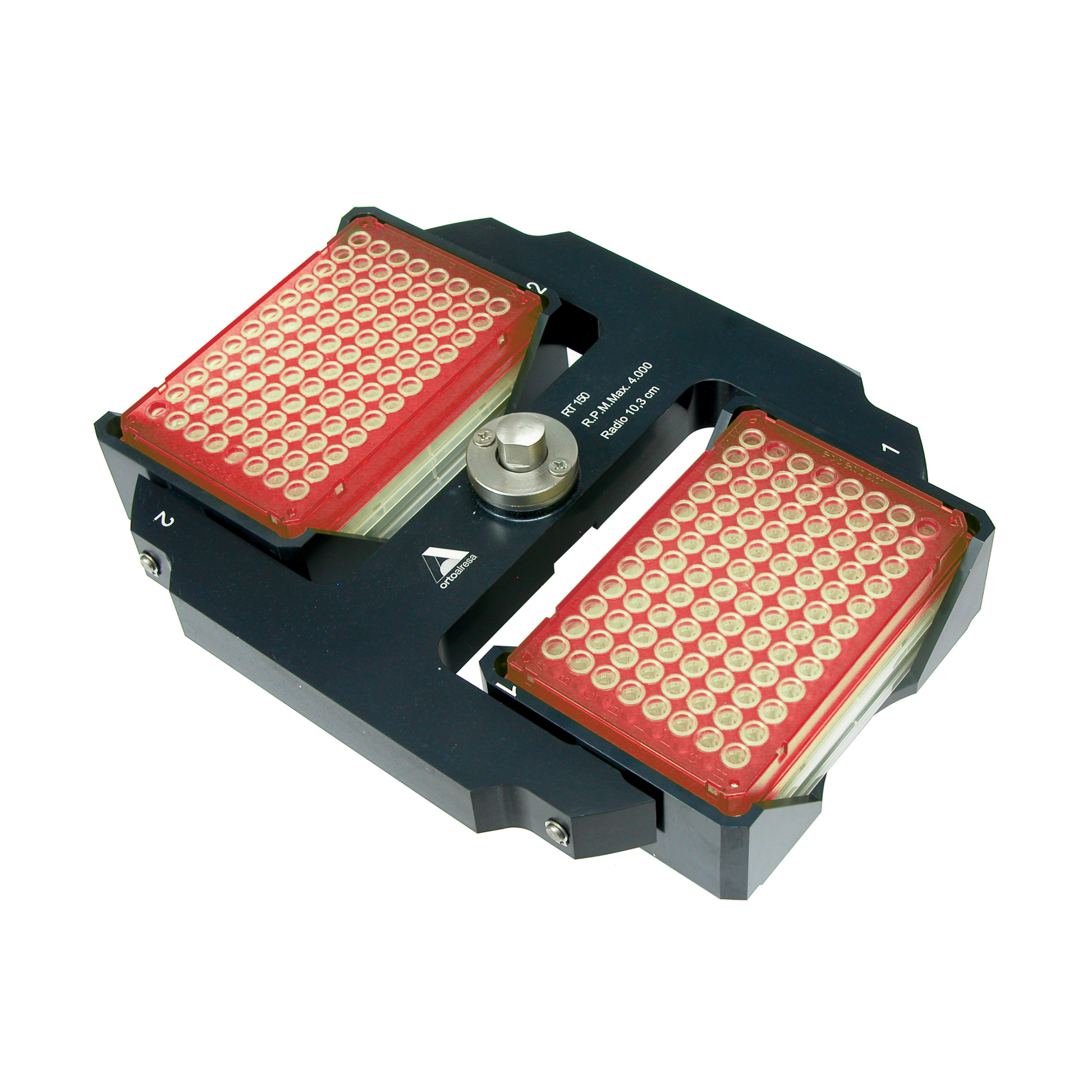 Mechanical component with red and gold plates on a white background