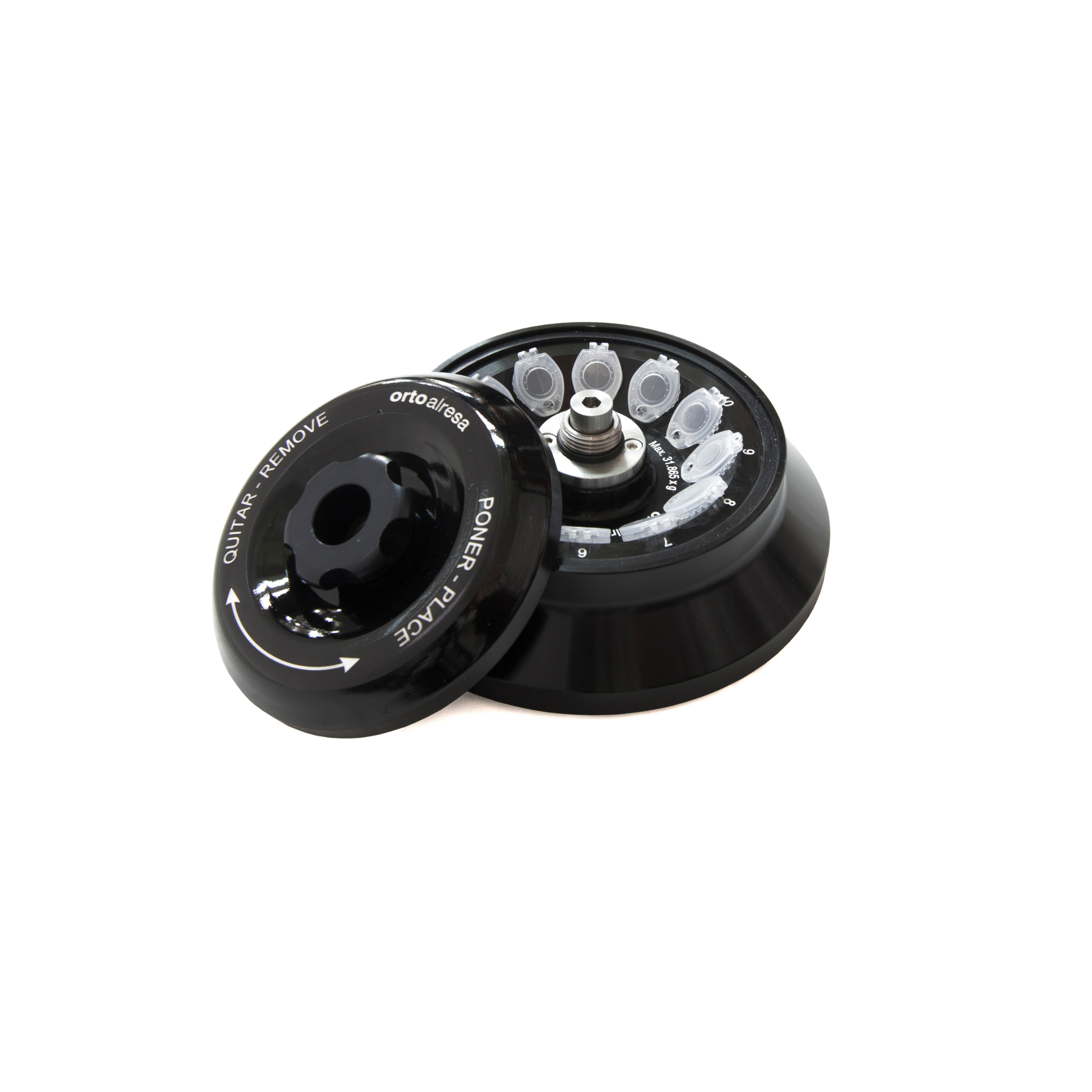 Black mechanical component with visible branding on a white background