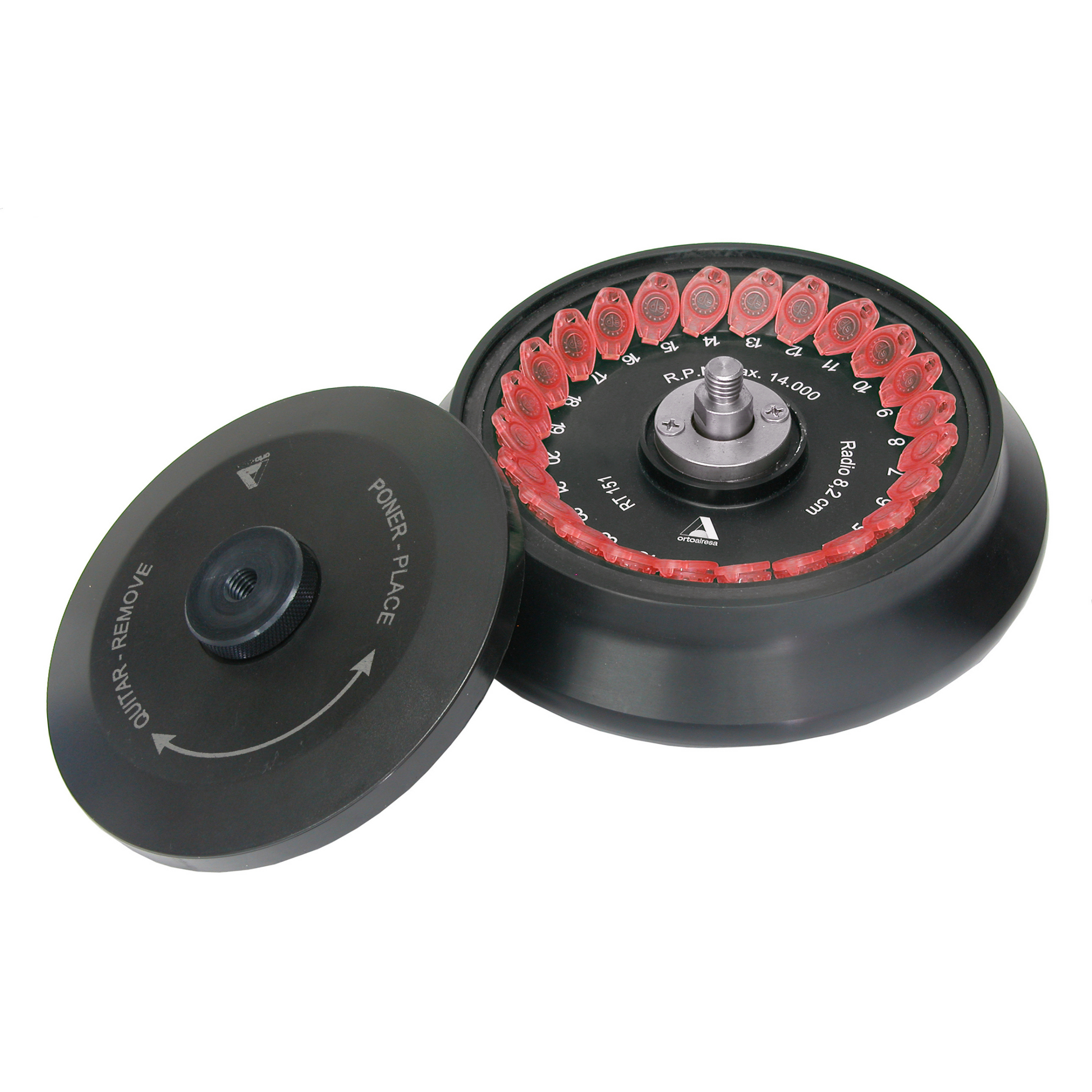 Black centrifuge rotor with red test tubes on a white background