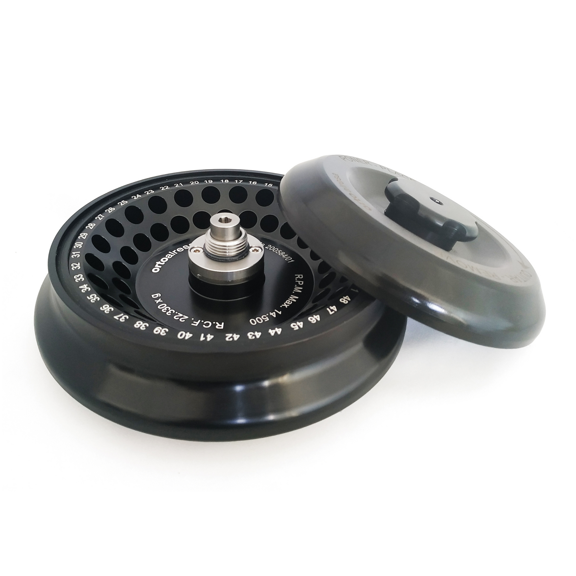 Black and gray mechanical component on a white background