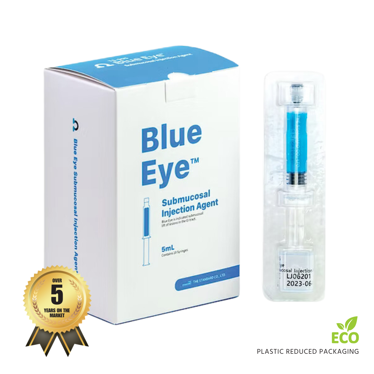 Blue Eye submucosal injection agent packaging with syringe on a white background