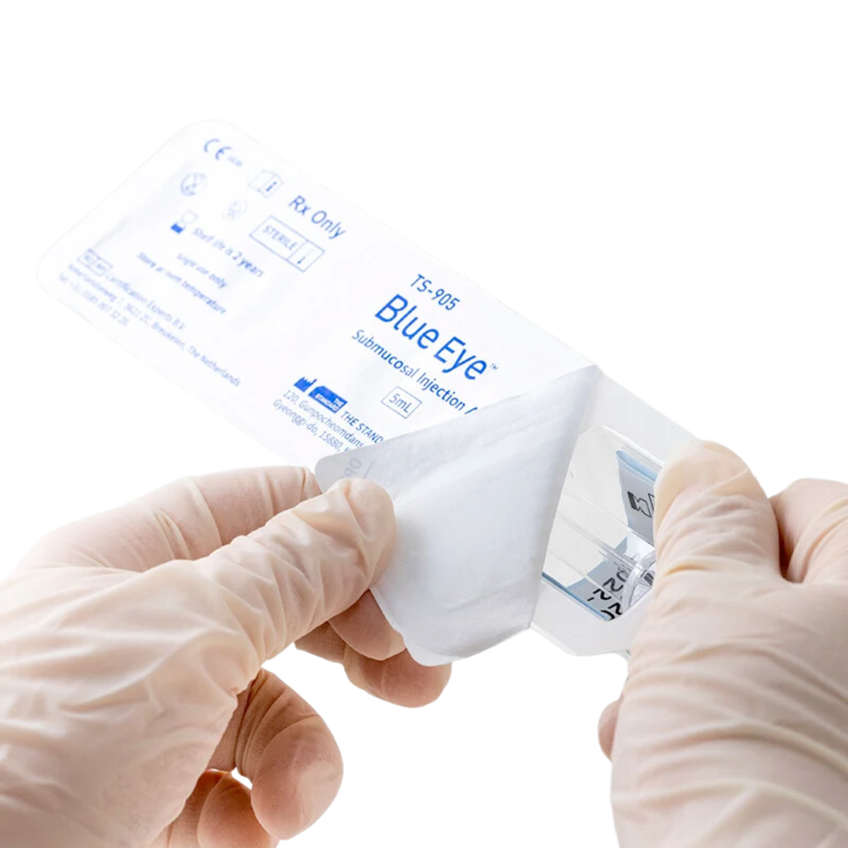 Hands in gloves holding a medical product labeled 'Blue Eye' on a white background