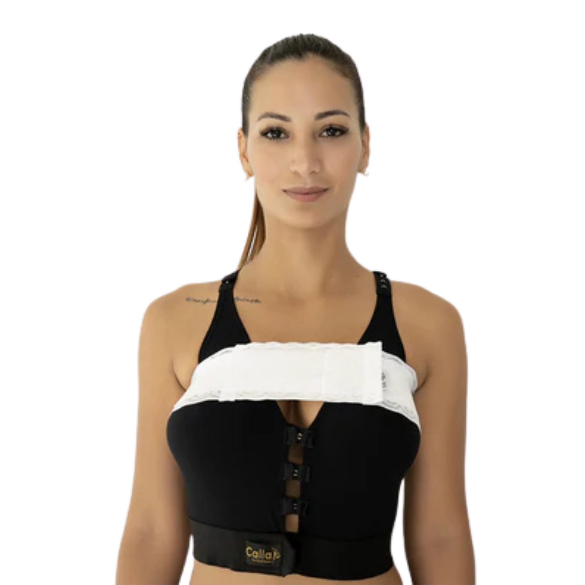 Woman wearing a black and white compression garment on a white background