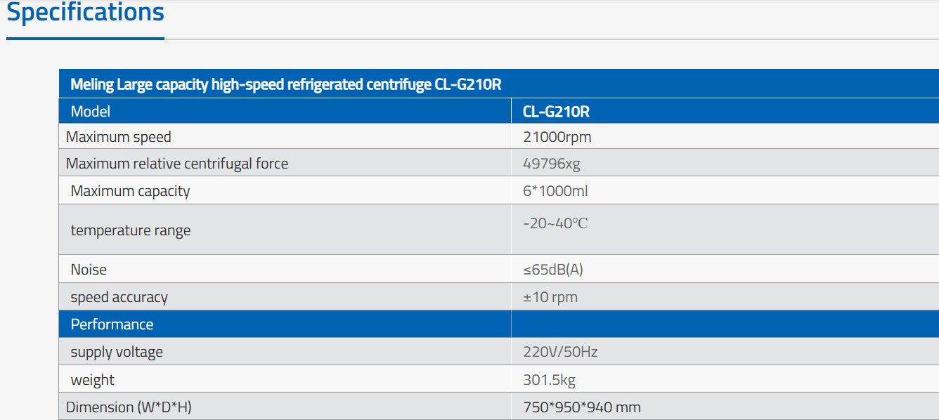 Specifications table for a large capacity high-speed refrigerated centrifuge CL-G210R