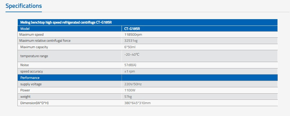 Technical specifications table for a melting benchtop high-speed refrigerated cartridge
