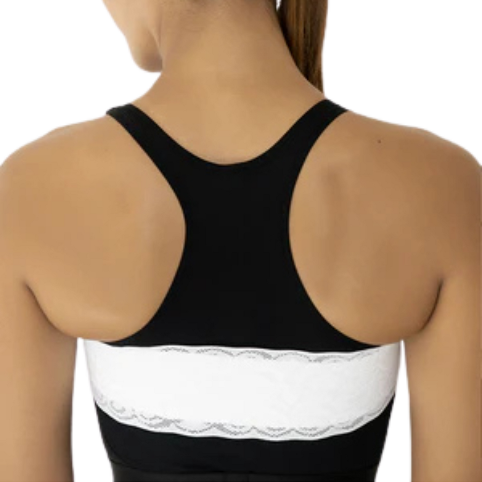 Black sports bra with white lace trim worn by a person on a white background