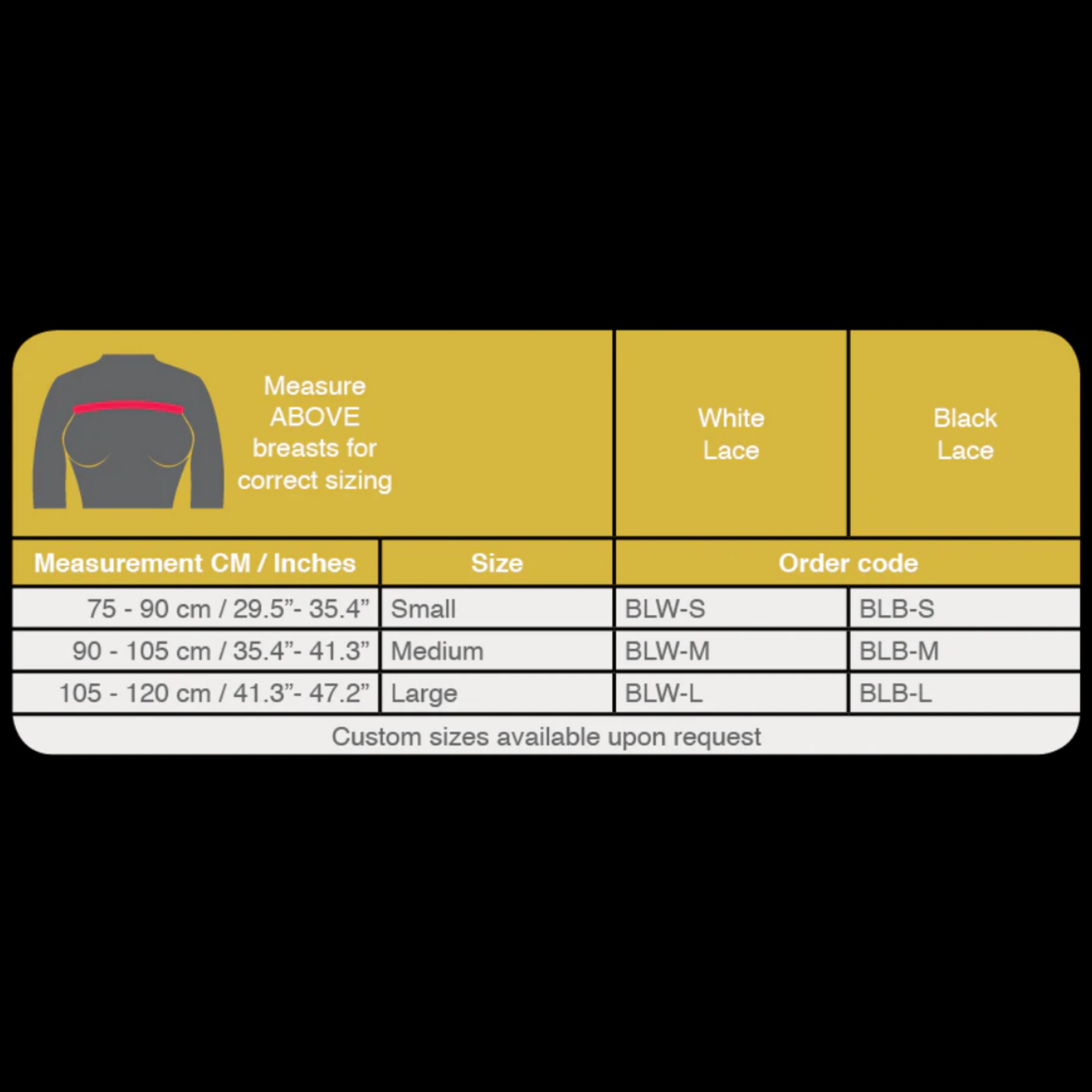 Size chart for lace products with measurement guide and order codes.
