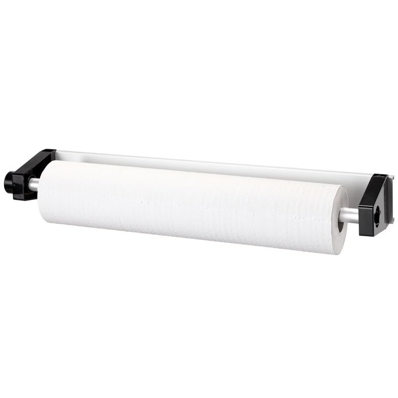 Paper towel holder with a roll of white paper towels on a white background