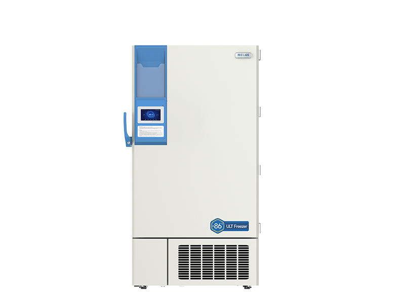 White laboratory freezer with blue accents on a white background