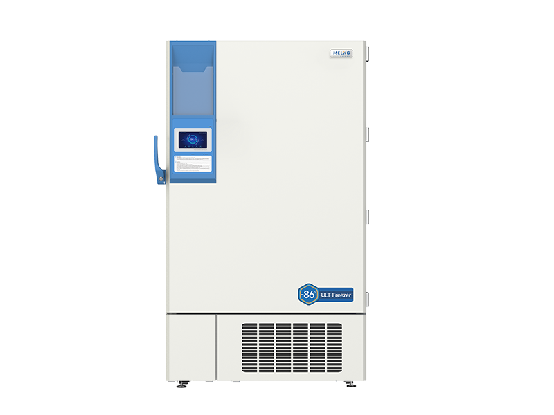 White freezer with blue door handle and GE logo on a white background