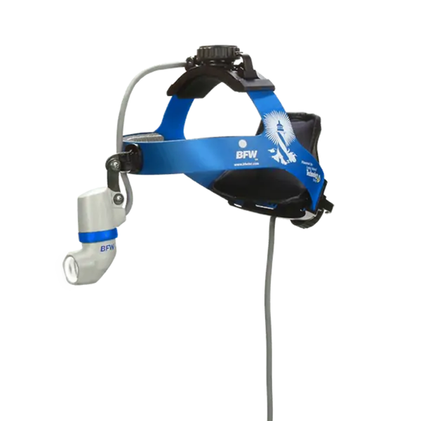 Blue and black surgical lamp with attached rope on a white background