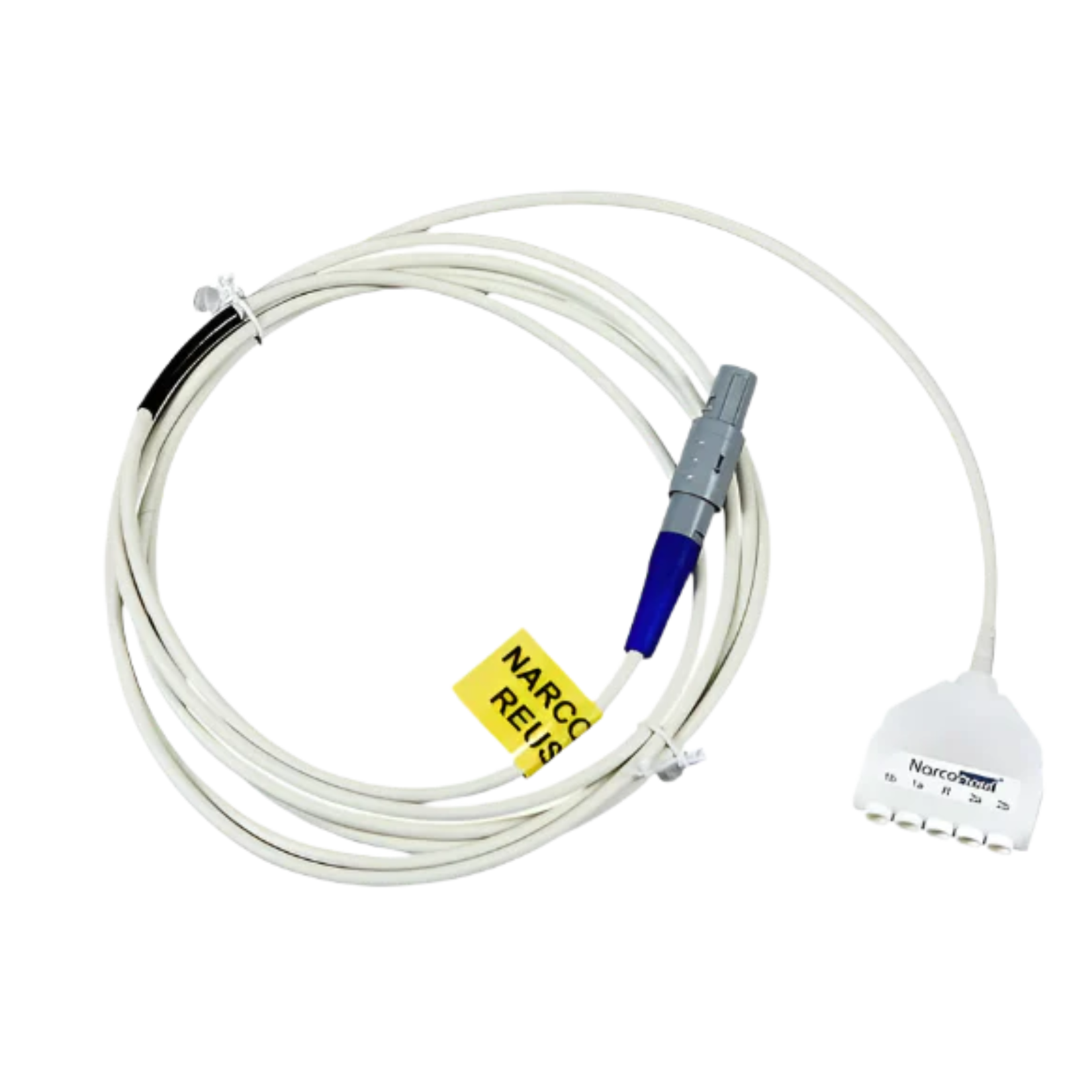 Medical device with coiled cable and visible branding on a white background