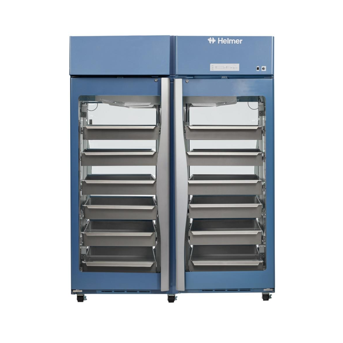 HBR458-GX Horizon Series upright pass-thru blood bank refrigerator, 1656-litre capacity, tall white medical storage unit with glass doors on both sides for dual-access use.