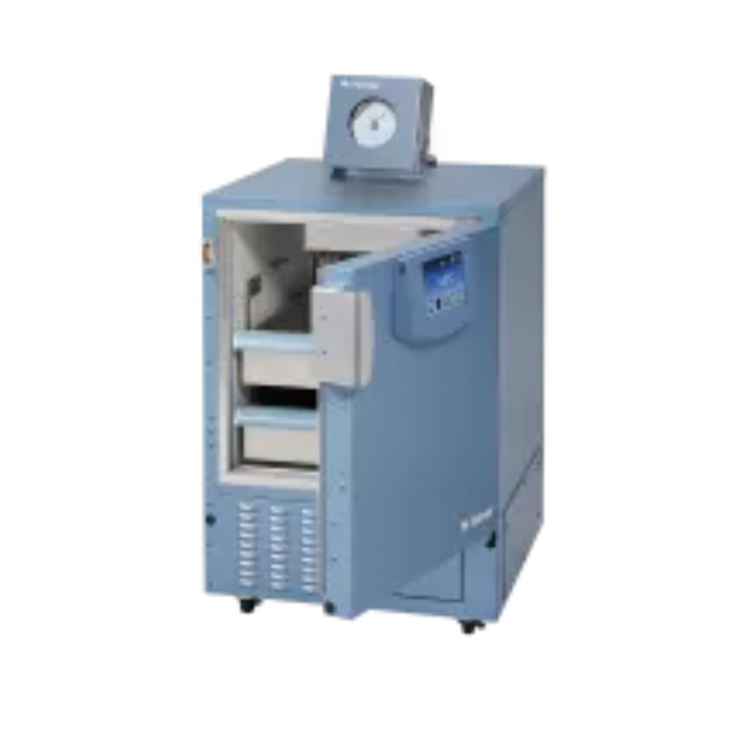 Front view of the iBR105‑GX i.Series® undercounter blood bank refrigerator: a compact stainless‑steel unit with a clear glass door revealing interior blood storage shelves labeled by blood type. The digital temperature display and control panel are located at the top of the door, and the unit is positioned under a countertop setting.”
